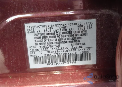 2024 Nissan Sentra Sv Xtronic Cvt from USA, damaged, VIN 3N1AB8CV4RY319492